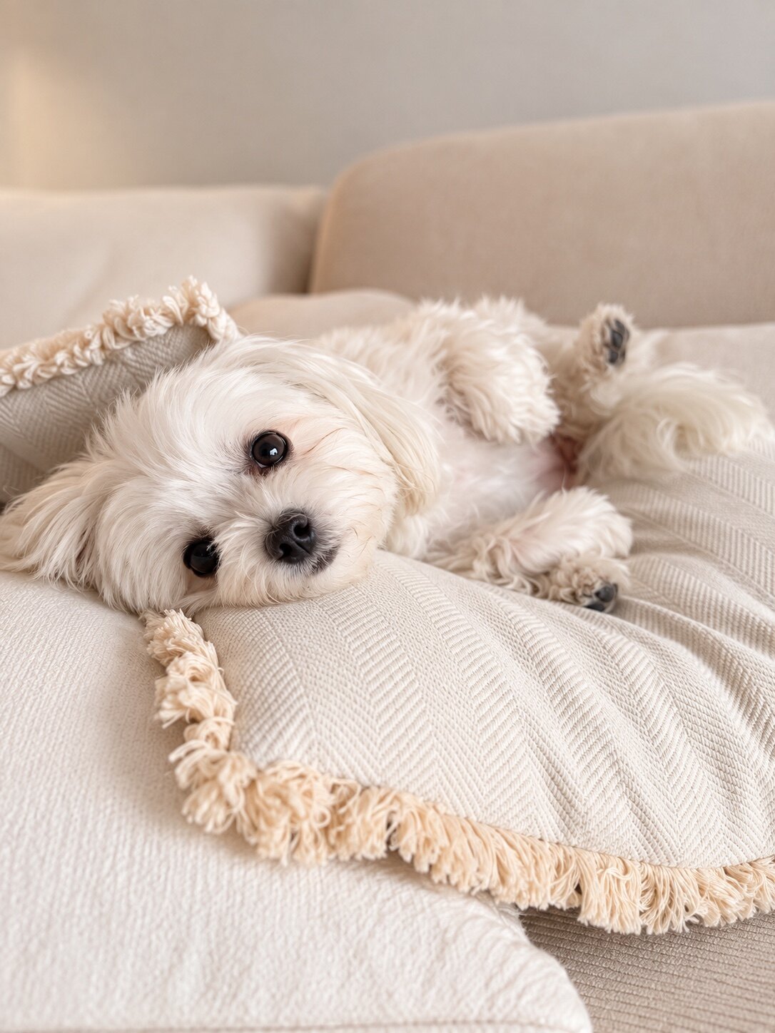 Luna, bichón maltés de MiniDog Valdebebas, descansando en casa